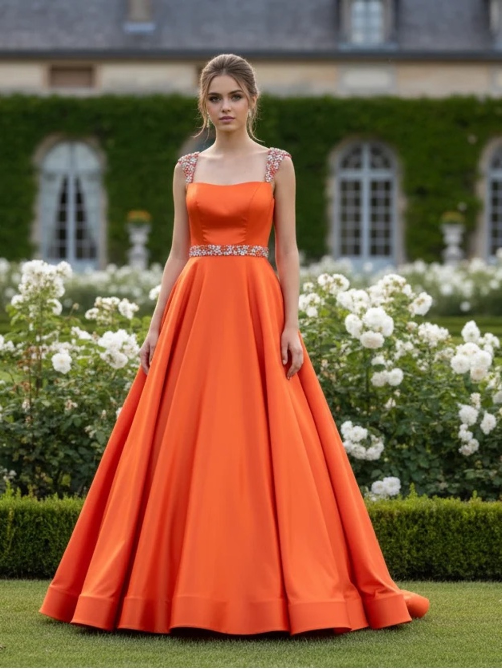 Sherri Hill Orange A-Line Prom Gown with Jeweled Straps